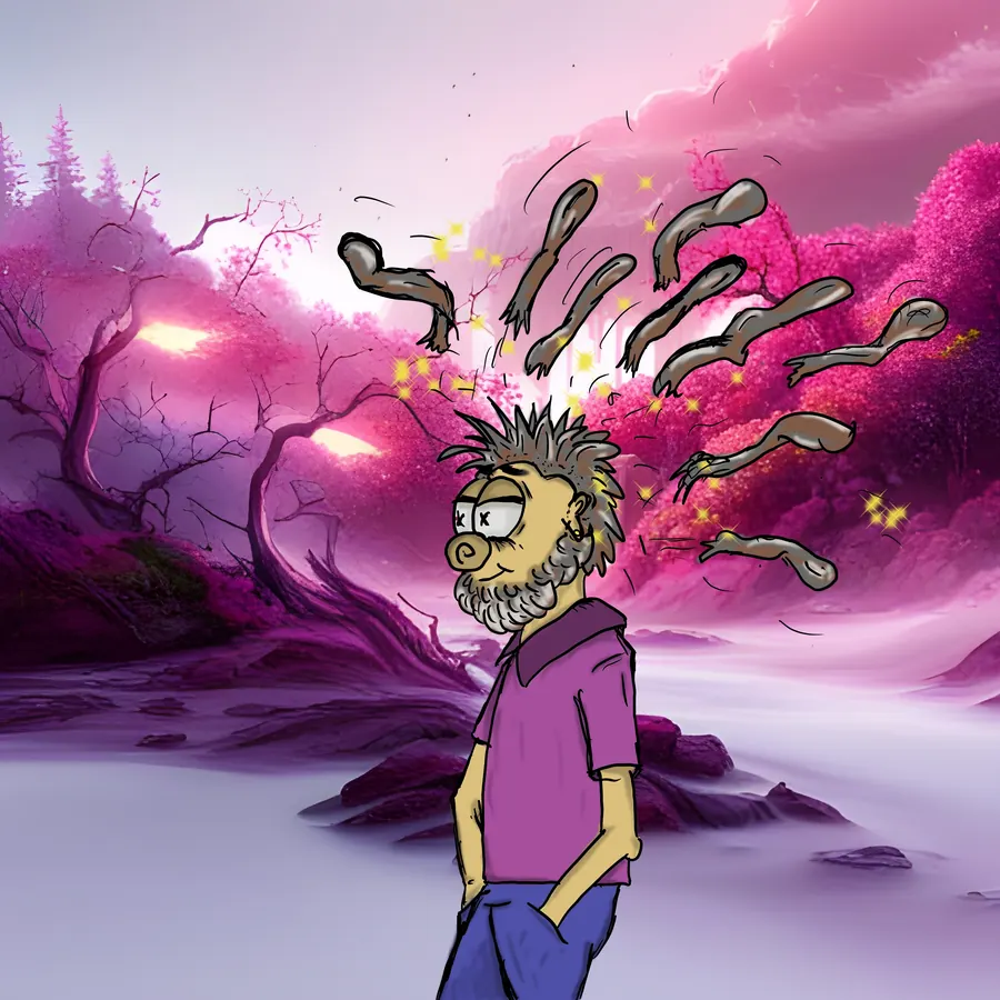 Artwork “Erwachsen”: a hand-drawn cartoon figure with wild hair in a pink dreamscape, arms flying out of its head