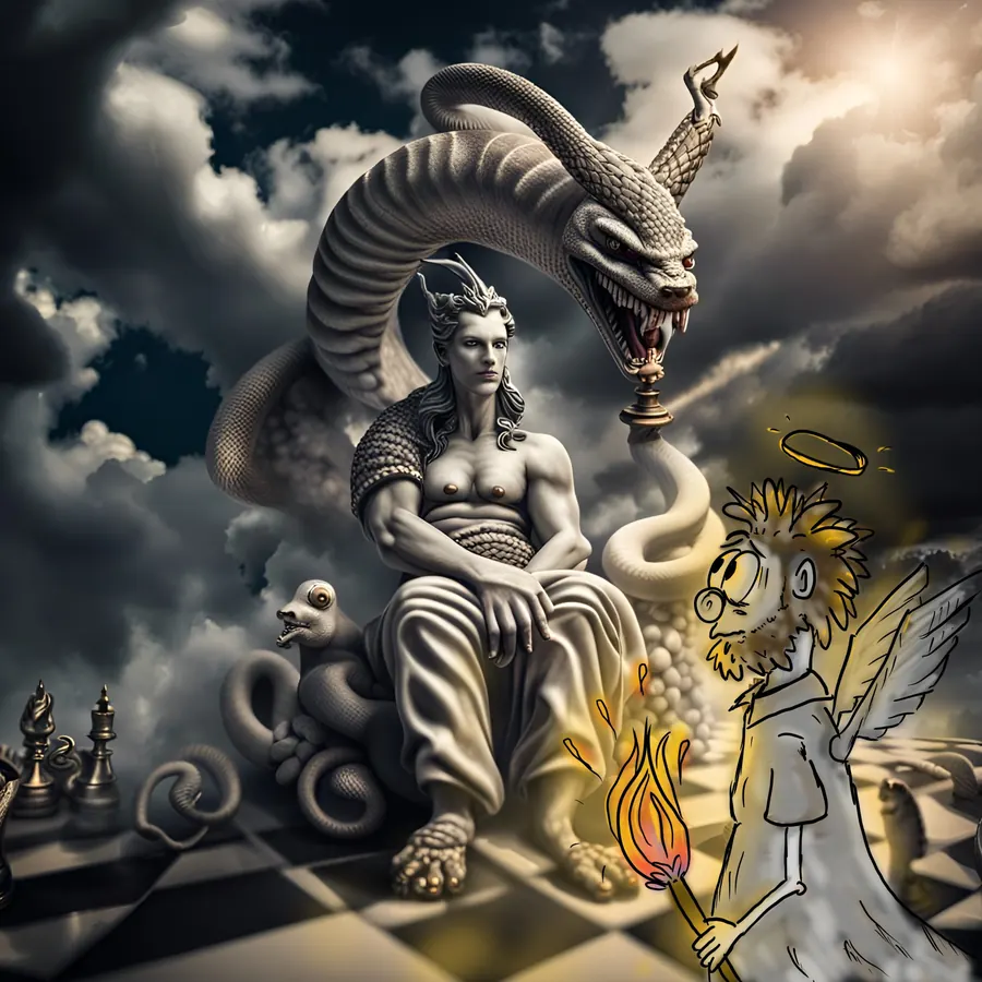 Artwork “Oh mein Gott”: a stone god figure with a serpent in storm clouds, in front of it a drawn angel holding a torch