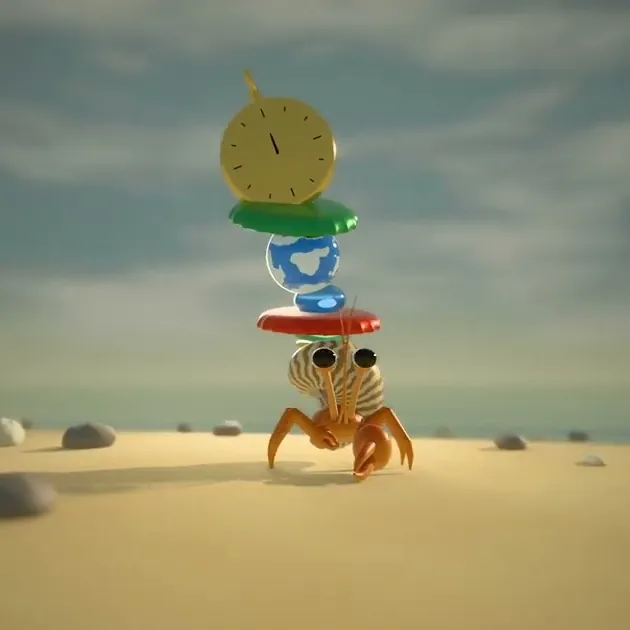 Still: the animated crab with a clock on top of its tower