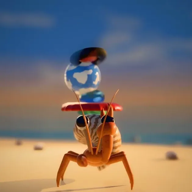 Still from the video: an animated hermit crab balancing a tower of objects on a beach